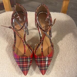 Jessica Simpson Plaid & Silver Chain Heels (Women's Sz 10)